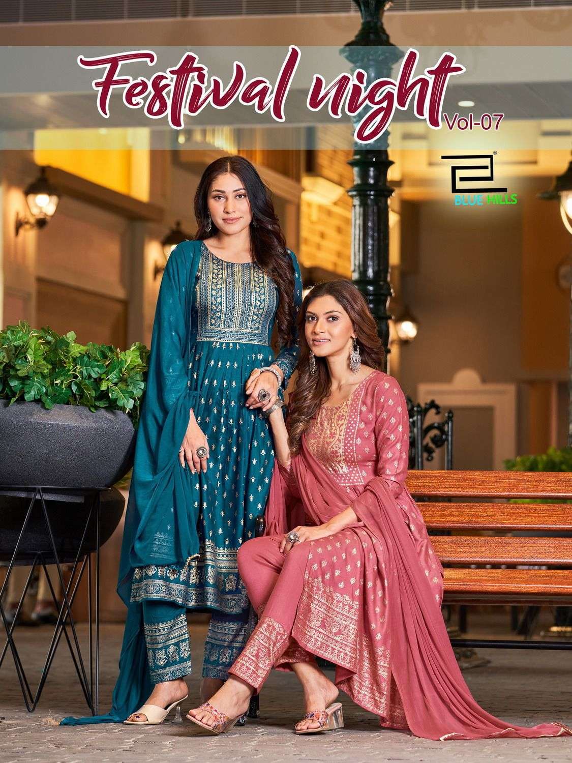 FESTIVAL NIGHT VOL 7 RAYON SLUB 14KG FOIL PRINT NAYRA CUT KURTI WITH PANT AND NAZMIN 2 SIDE LESS DUP...