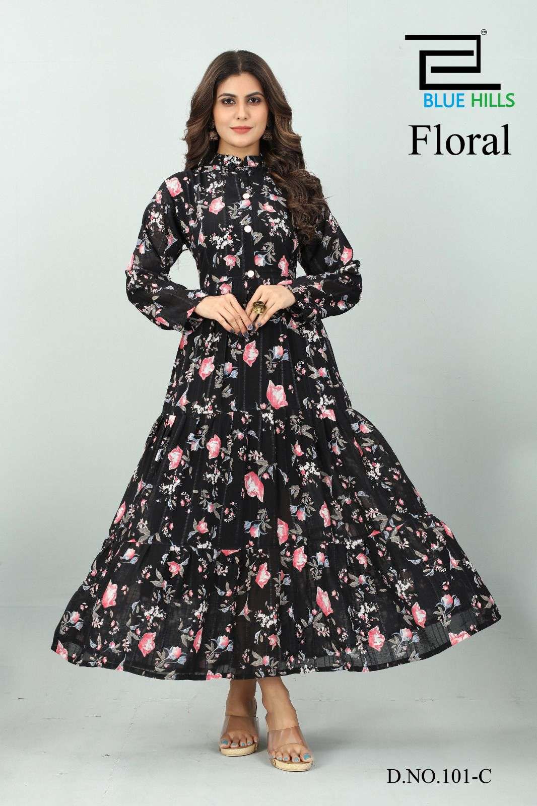 FLORAL HEAVY CHIFFON LINING FLORAL PRINT WESTERN GOWN STYLE KURTI BY BLUE HILLS BRAND WHOLESALER AND...