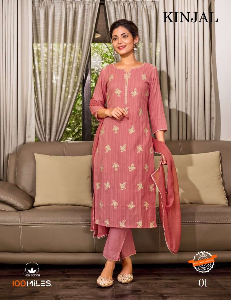 KINJAL PURE COTTON PATTERNED HEAVY ALL EMBROIDERY WORK KURTI WITH PANT AND DUPATTA BY 100MILES BRAND...