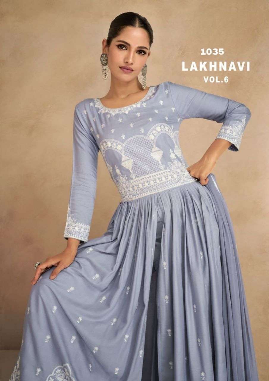 LAKHNAWI VOL 6 HEAVY REYON WHITE THREAD WORK NAYRA CUT KURTI  WITH PLAZZO AND NAZMIN DUPATTA BY S3FO...