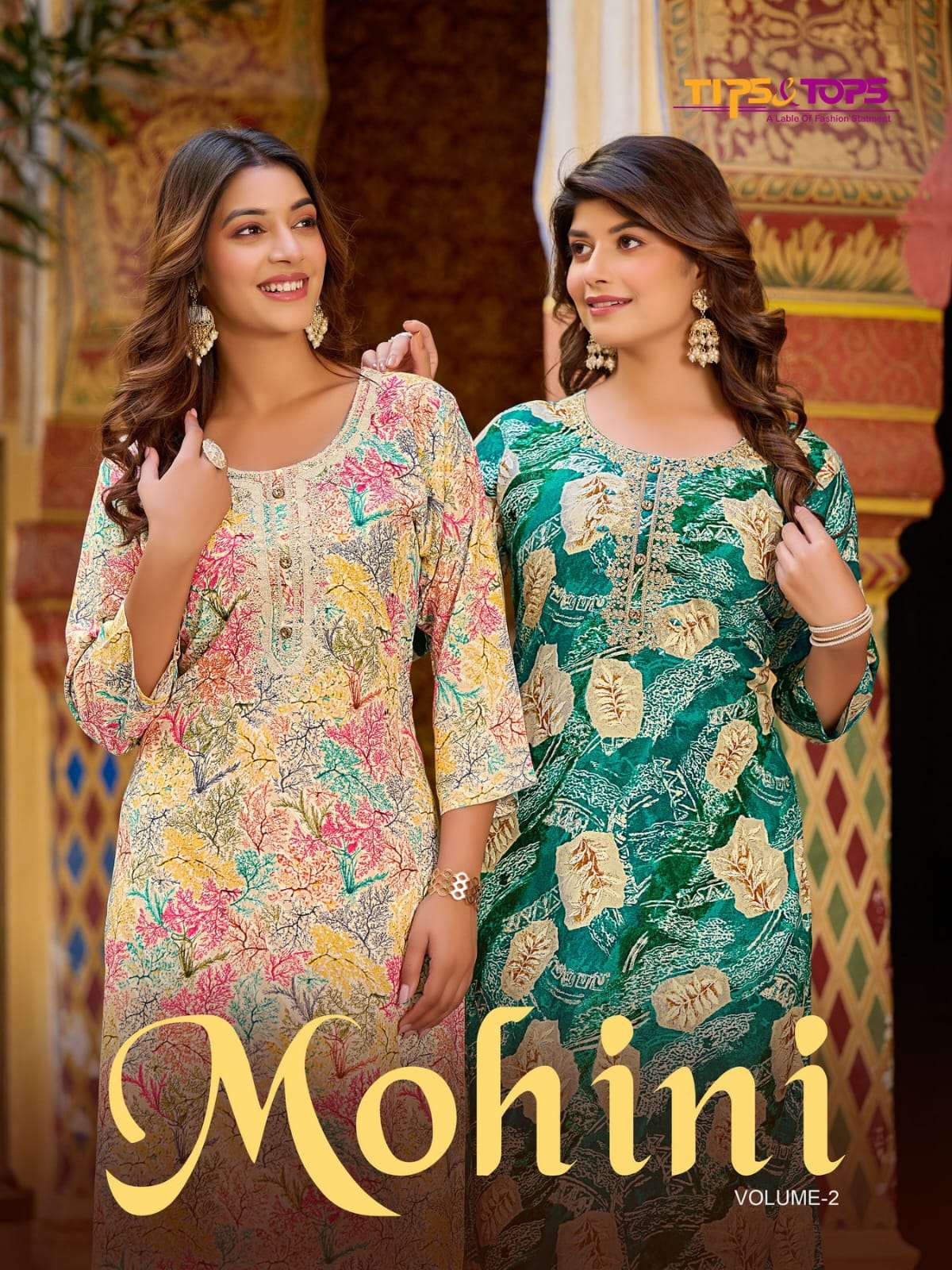 MOHINI VOL 2 HEAVY REYON 16KG FOIL PRINTED HEAVY EMBROIDERY WORK KURTI BY TIPS AND TOPS BRAND WHOLES...