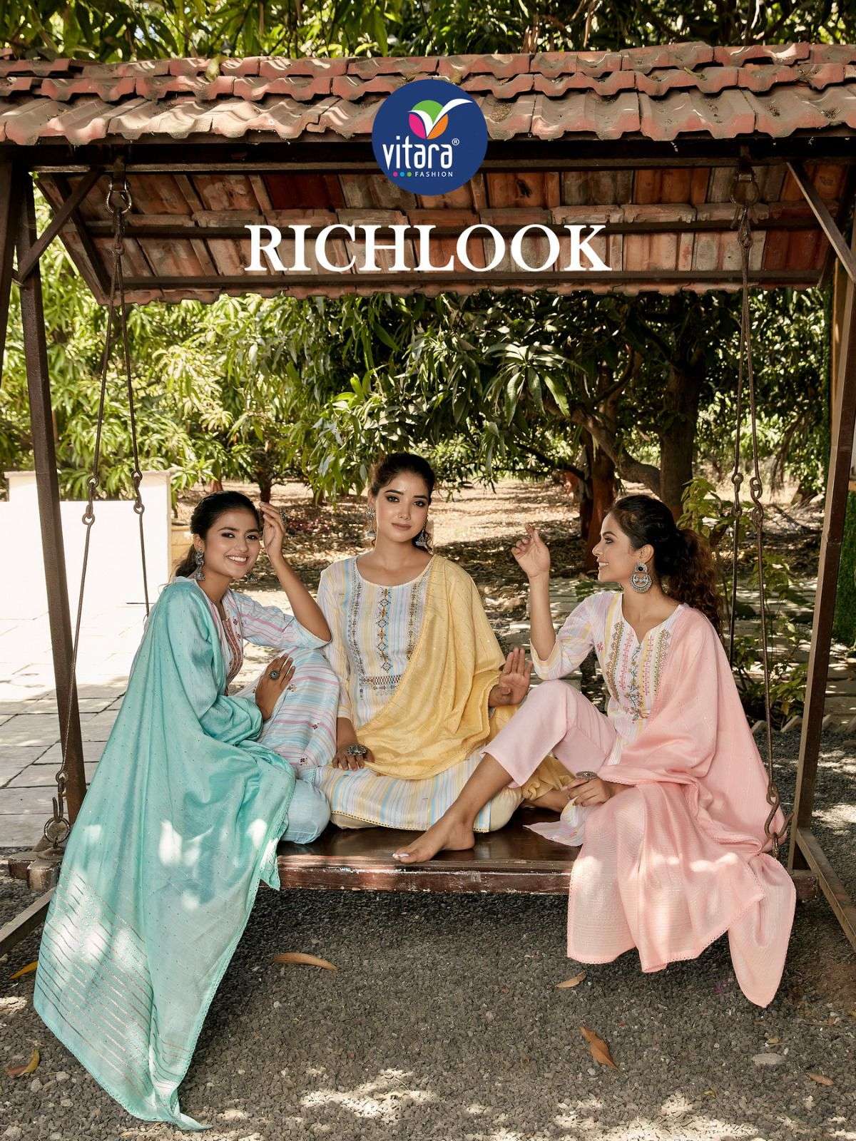 RICHLOOK COTTON DESIGNER HANDWORK STRAIGHT KURTI WITH PANT AND VISCOSE SEQUENCE WORK DUPATTA BY VITA...