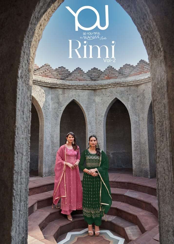 RIMI VOL 2 FAUX GEORGETTE SEQUENCE AND HANDWORK KURTI WITH PLAZZO AND DUPATTA BY WANNA BRAND WHOLESA...