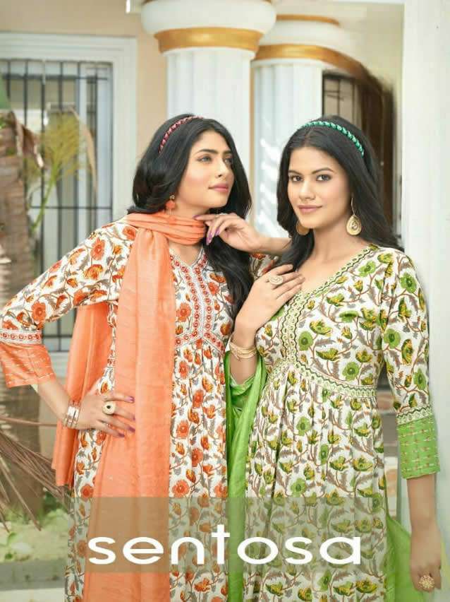 SENTOSA REYON TWO TONE PRINTED NAYRA CUT KURTI WITH PANT AND VISCOS WITH SECQUENCE DUPATTA BY S3FORE...