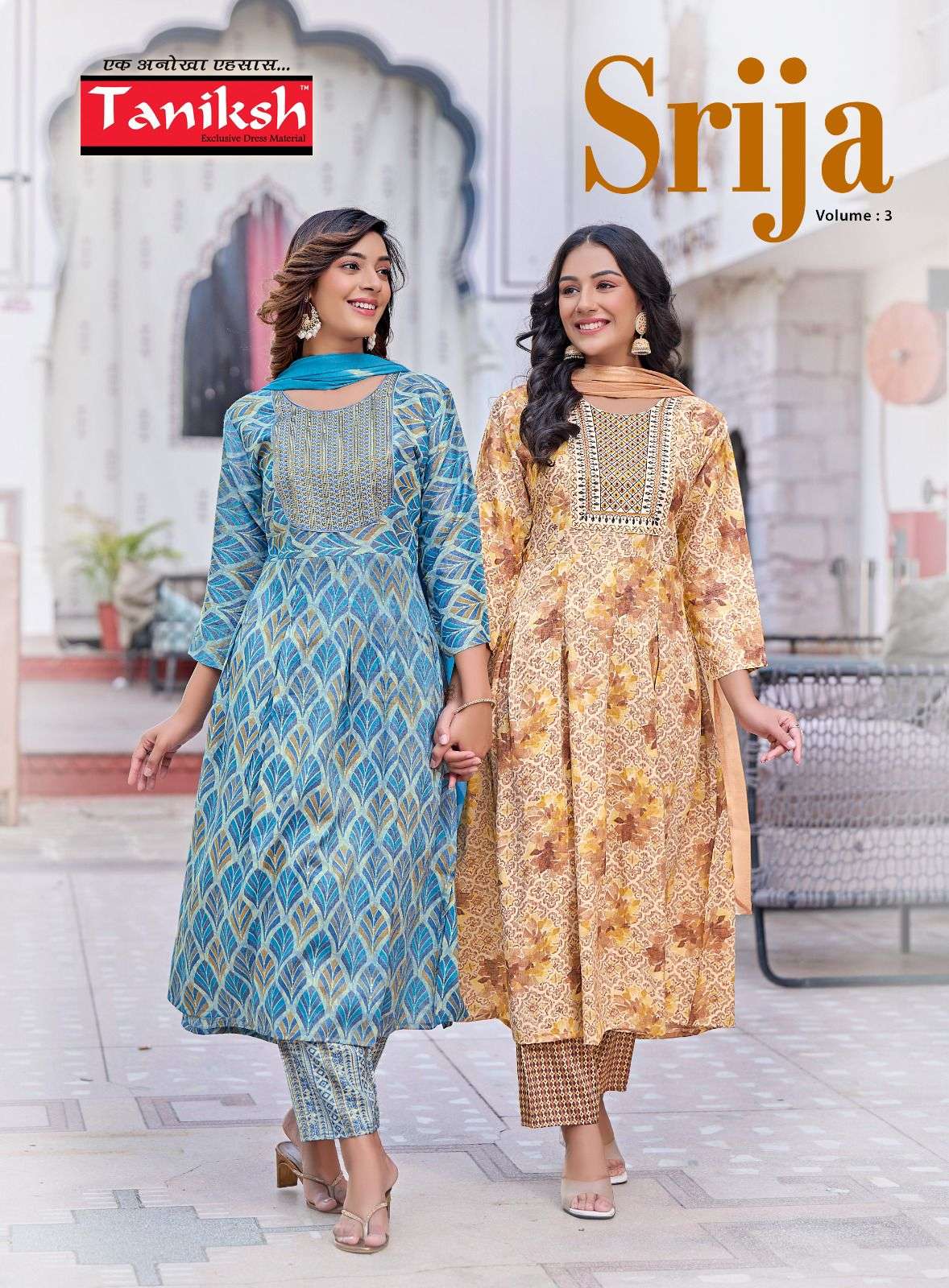 SRIJA VOL 3 RAYON PRINT EMBROIDERY WORK FLAIR KURTI WITH PANT AND CHIFFON DUPATTA BY TANIKSH BRAND W...