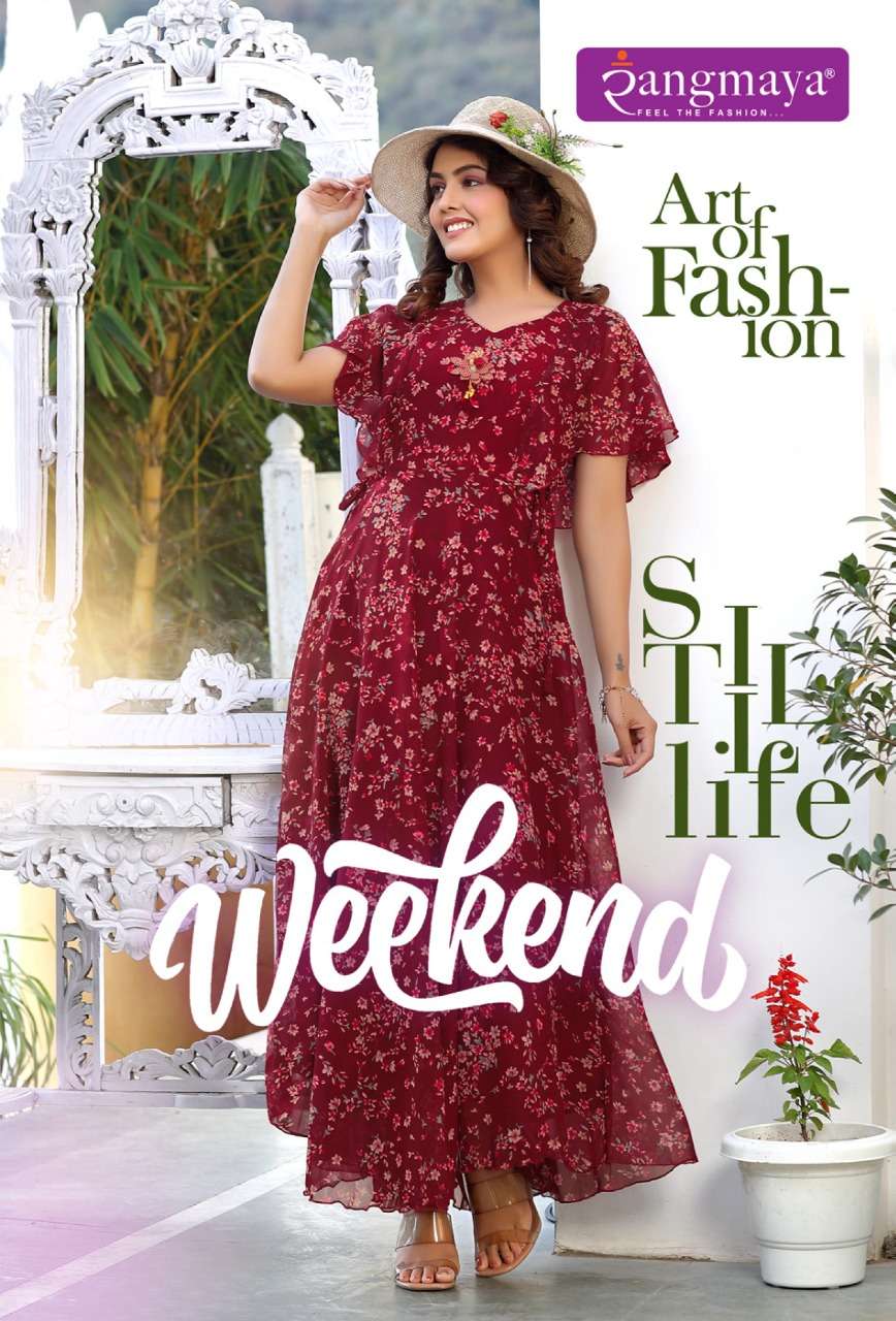 WEEKEND CHIFFON LONG KURTI WITH FANCY SLEEVE PATTERN BY RANGMAYA BRAND WHOLESALER AND DEALER 