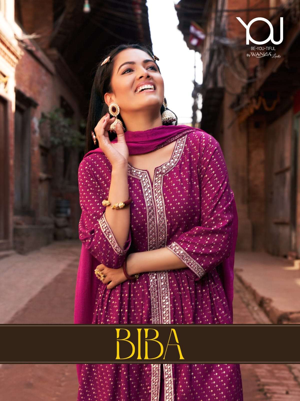 BIBA LIVA APPROVED RAYON PRINT ALIA CUT KURTI WITH SOFT SILK LACE WORK PANT AND FANCY DUPATTA BY WAN...