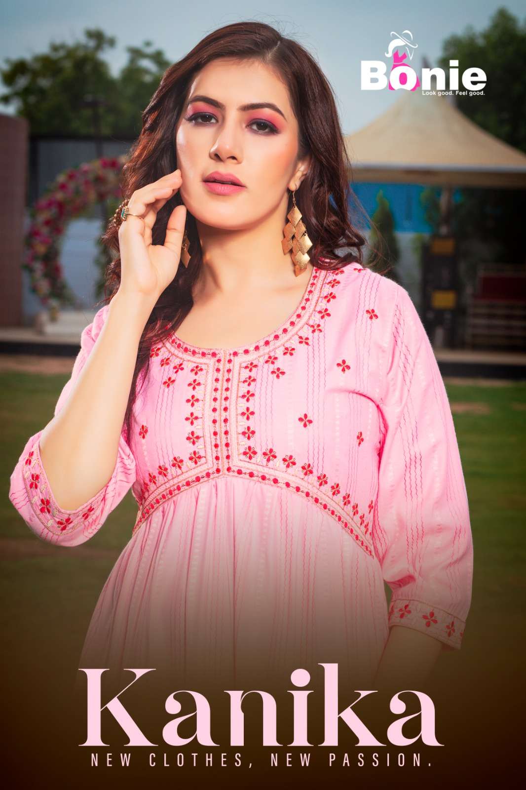  KANIKA HEAVY RAYON EMBROIDERY WORK ALIA CUT KURTI BY BONIE BRAND WHOLESALER AND DEALER