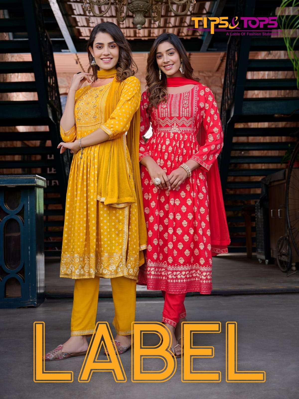 LABEL REYON SLUB 14KG PRINT MANUAL WORK NAYRA CUT KURTI WITH PANT AND CHINNON DUPATTA BY TIPS AND TO...