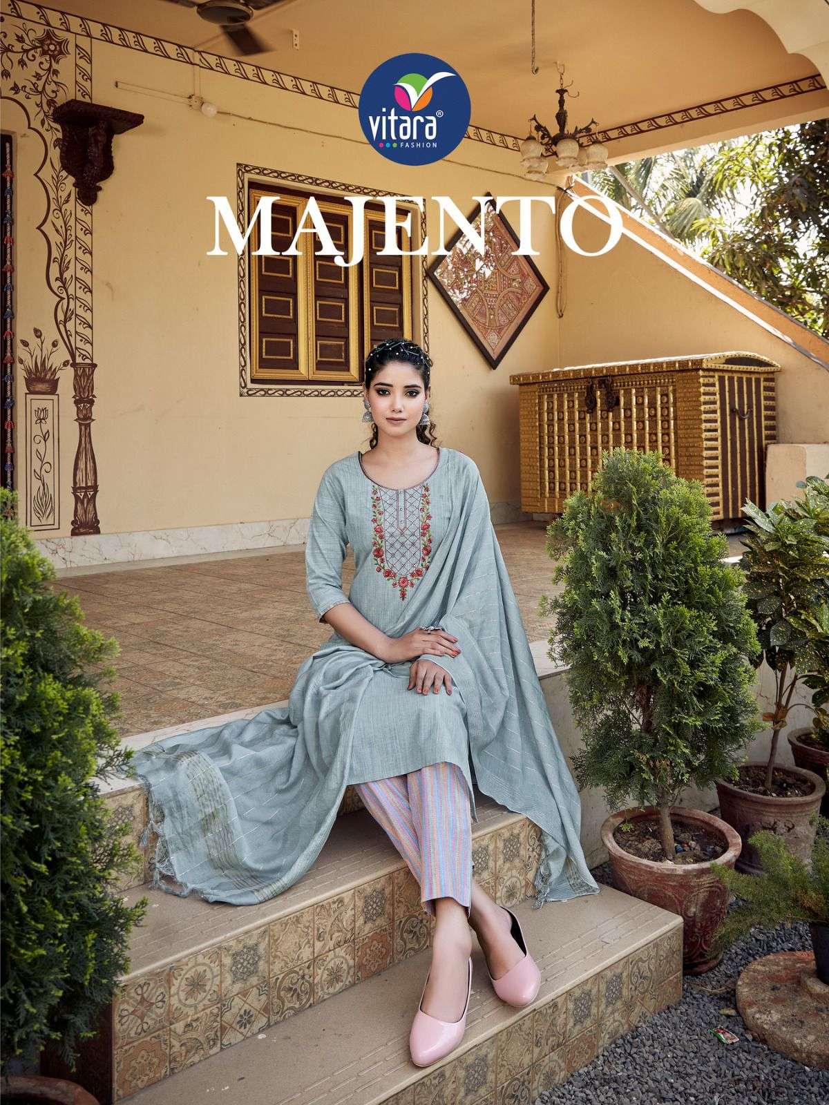 MAJENTO COTTON FABRIC FANCY EMBROIDERY WORK KURTI WITH PANT AND VISCOS DUPATTA BY VITARA FASHION BRA...