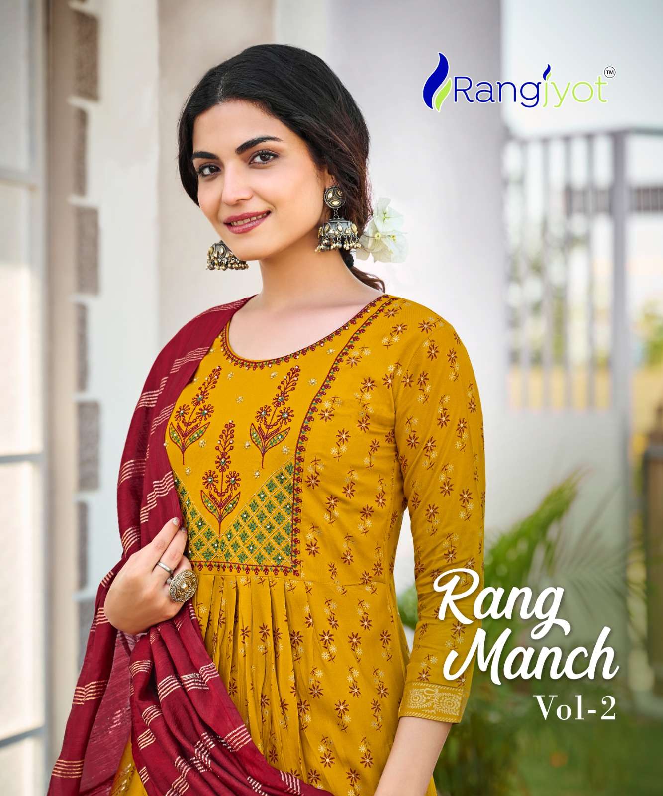 RANGMANCH VOL 2 HEAVY RAYON 14 KG GOLD PRINT HAND WORK NAYRA CUT KURTI WITH PANT AND CHANDERI DUPATT...