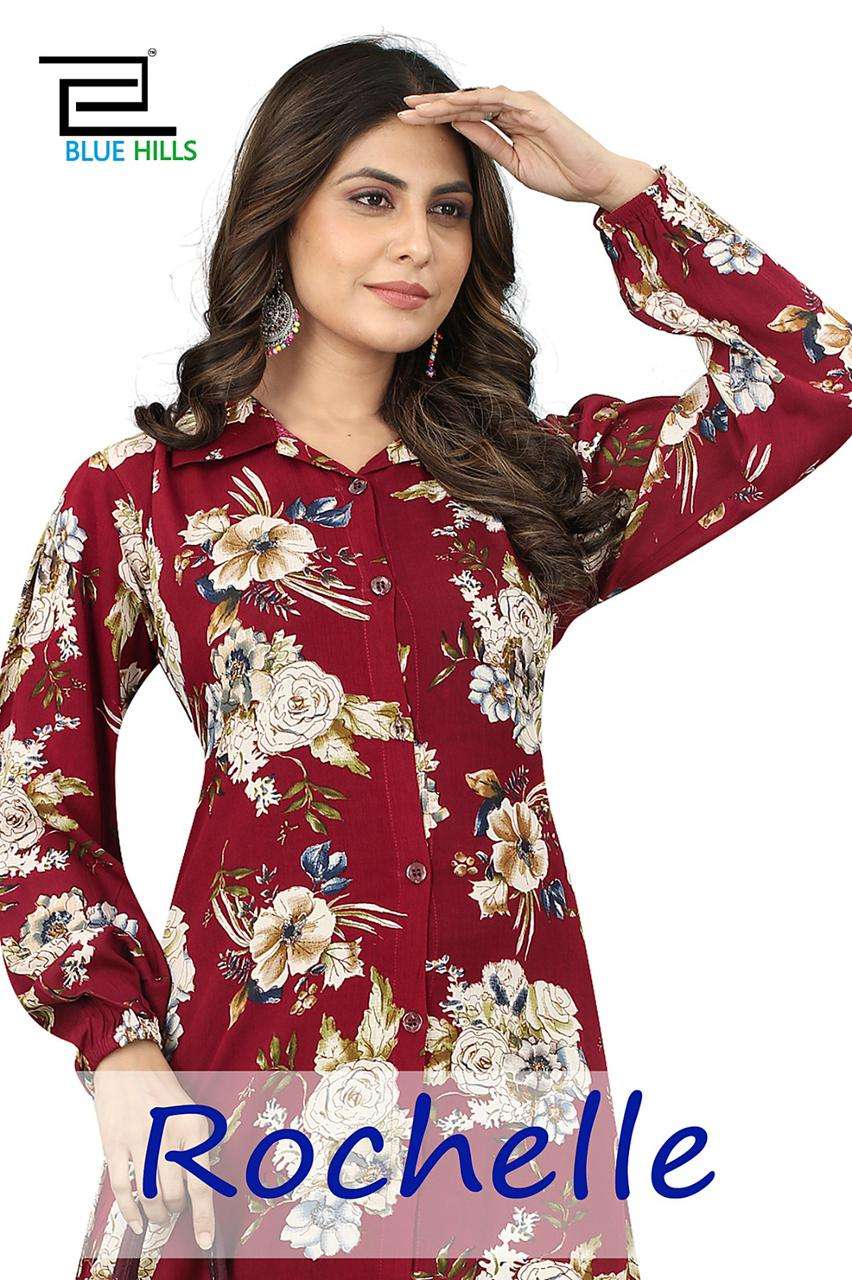 ROCHELLA PREMIUM 14KG RAYON RINKLE MILL PRINT LONG SLEEVES DESIGNER KURTI BY BLUE HILLS BRAND WHOLES...