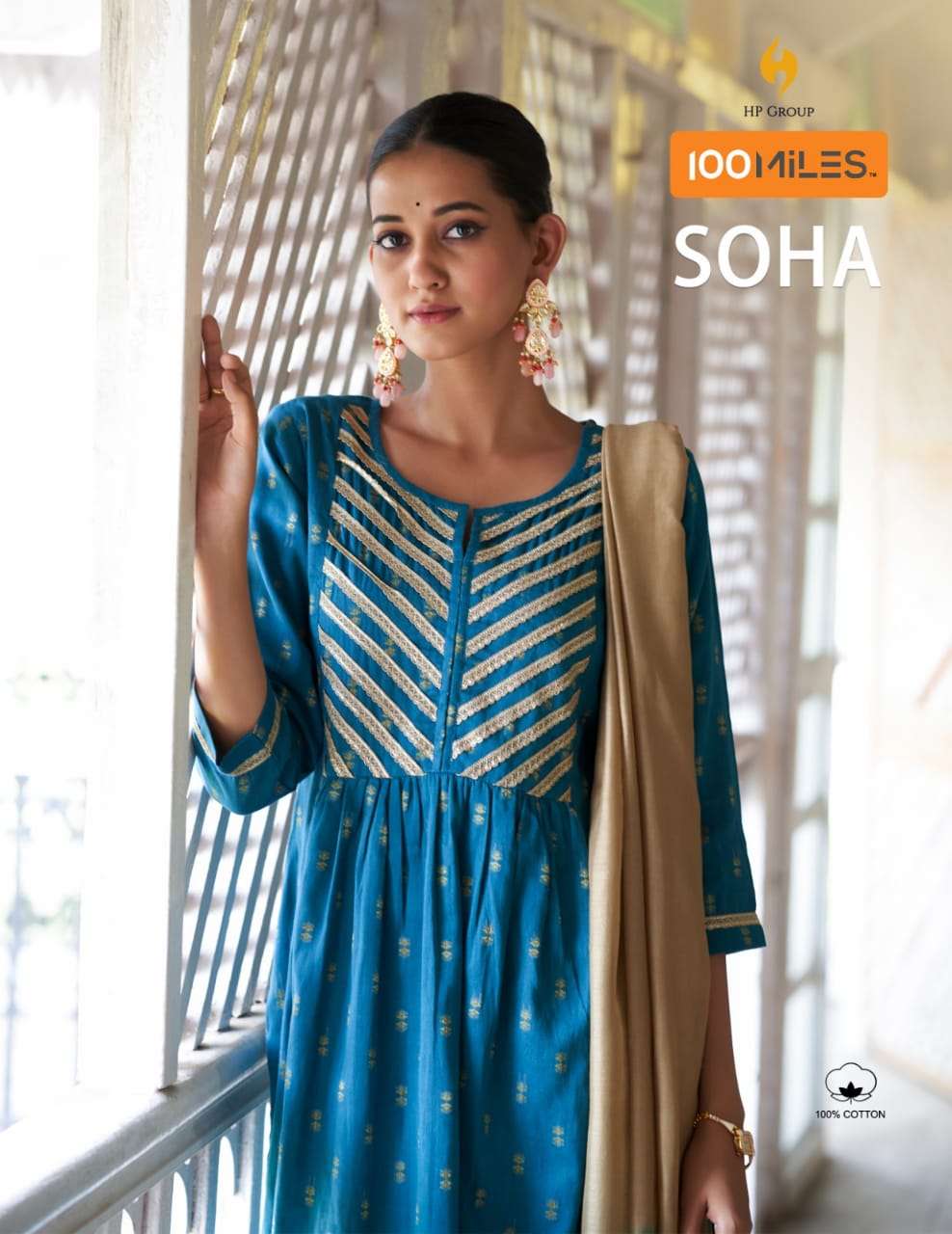 SOHA PURE COTTON FANCY EMBROIDERY WORK KURTI WITH PANT AND CHIFFON DUPATTA BY 100MILES BRAND WHOLESA...