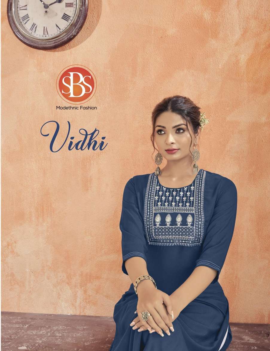 VIDHI REYON SLUB TESLA EMBROIDERY WORK KURTI BY SBS BRAND WHOLESALER AND DEALER