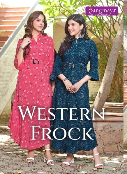 WESTERN FROCK RAYON PRINT WESTERN STYLE KURTI WITH BELT BY RANGMAYA BRAND WHOLESALER AND DEALER