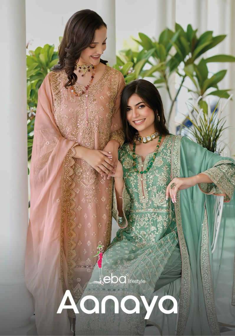 AANAYA SOFT ORGANZA EMBROIDERY WORK UNSTITCHED KURTI WITH DULL SANTOON  PANT AND DUPATTA BY EBA LIFE...