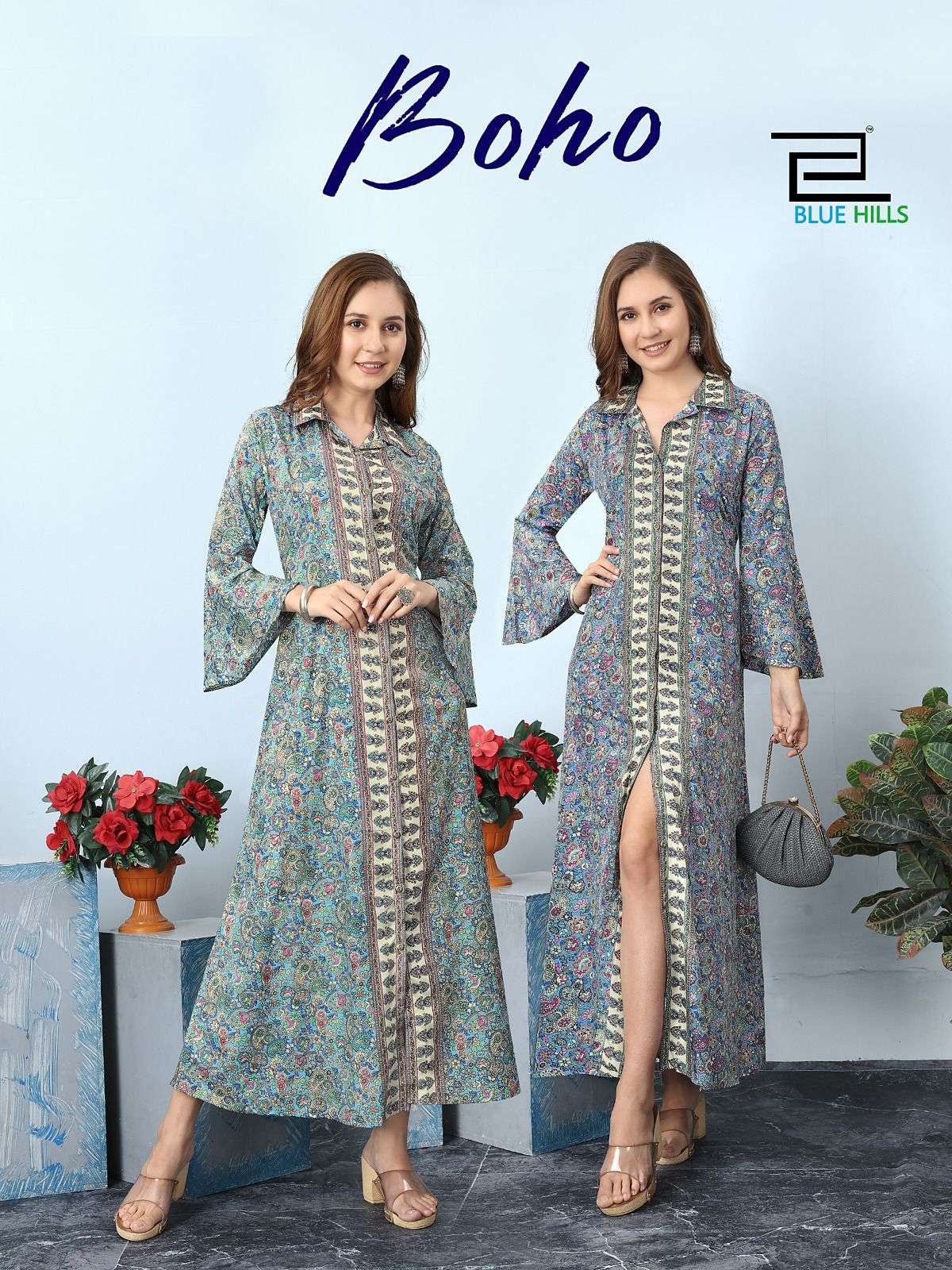 BOHO HEAVY FRENCH CRAPE PRINT ALL BUTTON OPENABLE WITH BELT CONCEPT STYLISH KURTI BY BLUE HILLS BRAN...