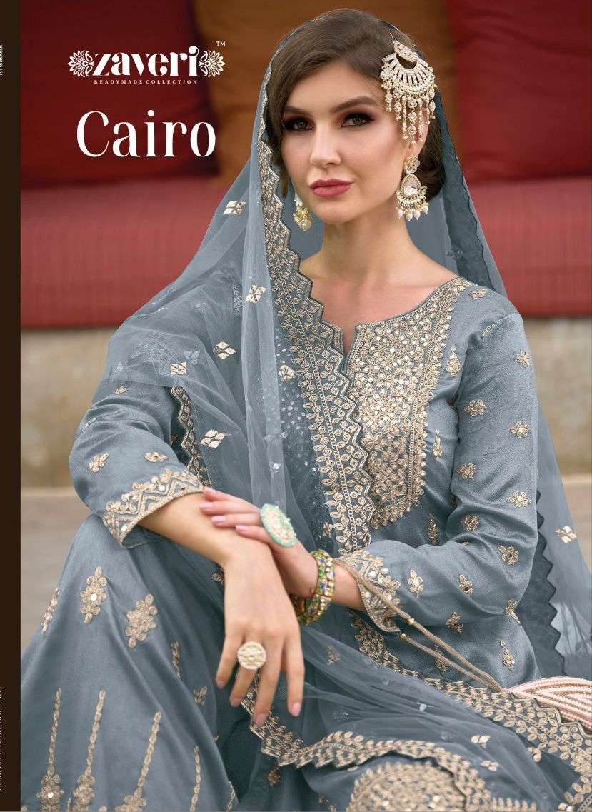 CAIRO HEAVY SILK EMBOIDERY WORK KURTI WITH SHARARA AND NET DUPATTA BY ZAVERI BRAND WHOLESALER AND DE...