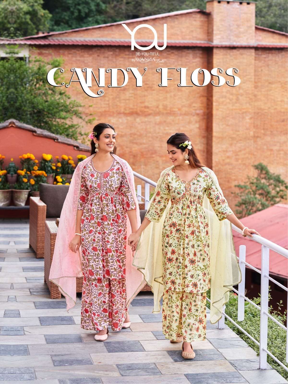 CANDY FLOSS PURE MULL COTTON  EMBROIDERY WORK NAYRA CUT KURTI WITH SHARARA AND FANCY SEQUENCE DUPATT...