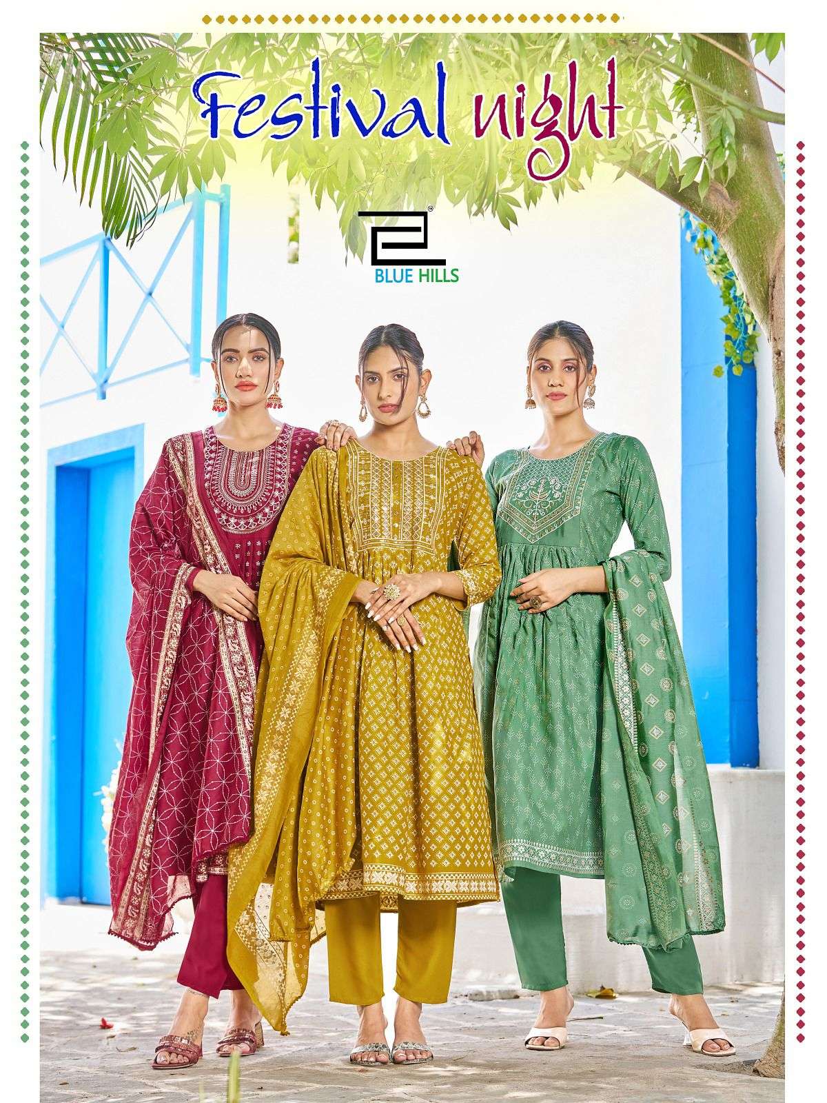 FESTIVAL NIGHT RAYON 14KG FOIL PRINTED EMBROIEDERIED KURTI WITH PANT AND CHANDERI FOIL PRINT DUPATTA...