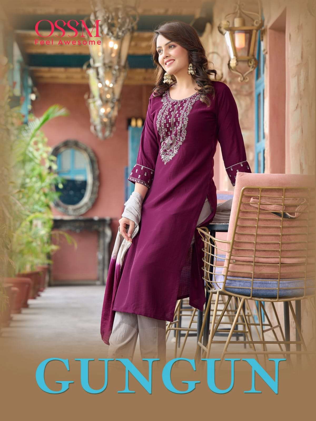 GUNGUN FANCY VISCOS JACQUARD DOBBY HANDWORK KURTI WITH REYON LYCRA PANT AND CHANDERI SEQUENCE DUPATT...