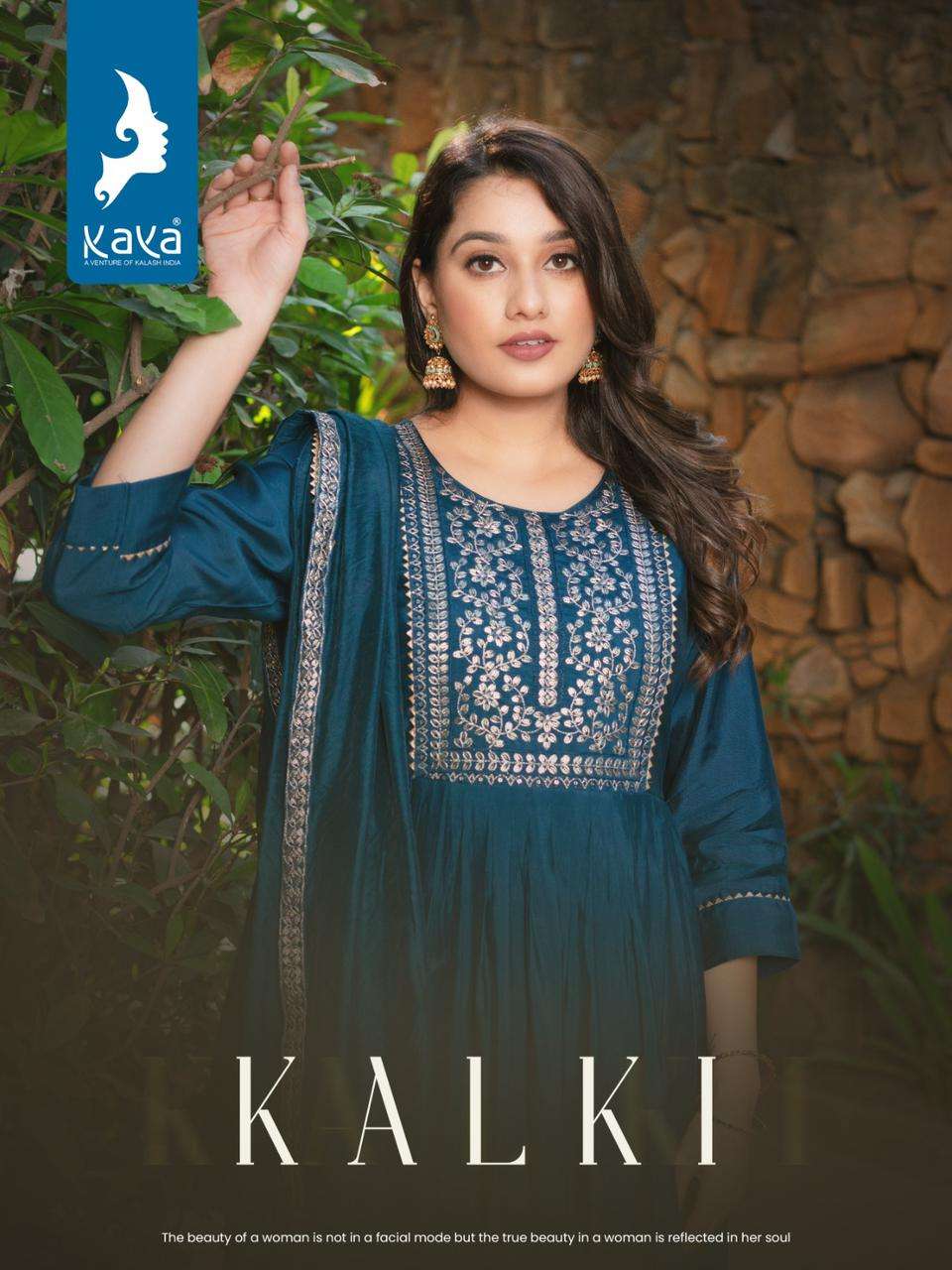 KALKI ROMAN SILK  EMBROIDERY SEQUENCE WORK NAYRA CUT KURTI WITH PANT AND DUPATTA BY KAYA KURTI WHOLE...