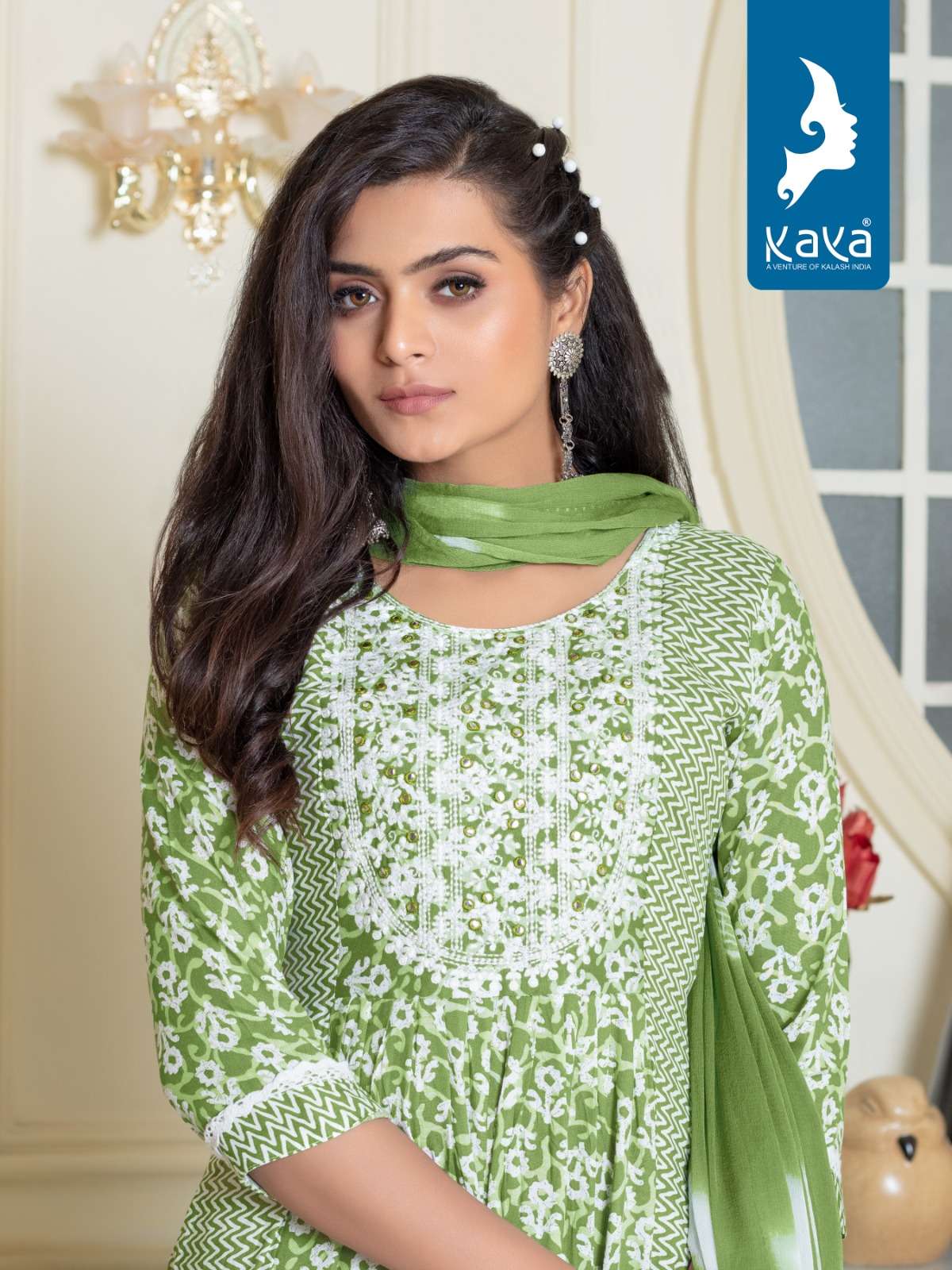 LEKHA REYON PRINTED KURTI WITH PANT AND NAZMIN DUPATTA BY KAYA KURTI BRAND WHOLESALER AND DEALER