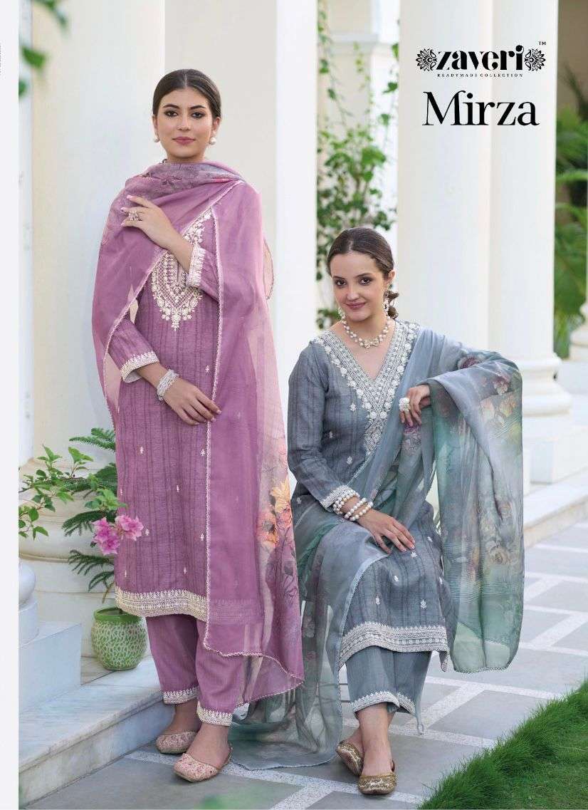 MIRZA SILKI COTTON KHATALI HENDWORK KURTI WITH COTTON PANT AND ORGANZA DIGITAL PRINT DUPATTA BY ZAVE...