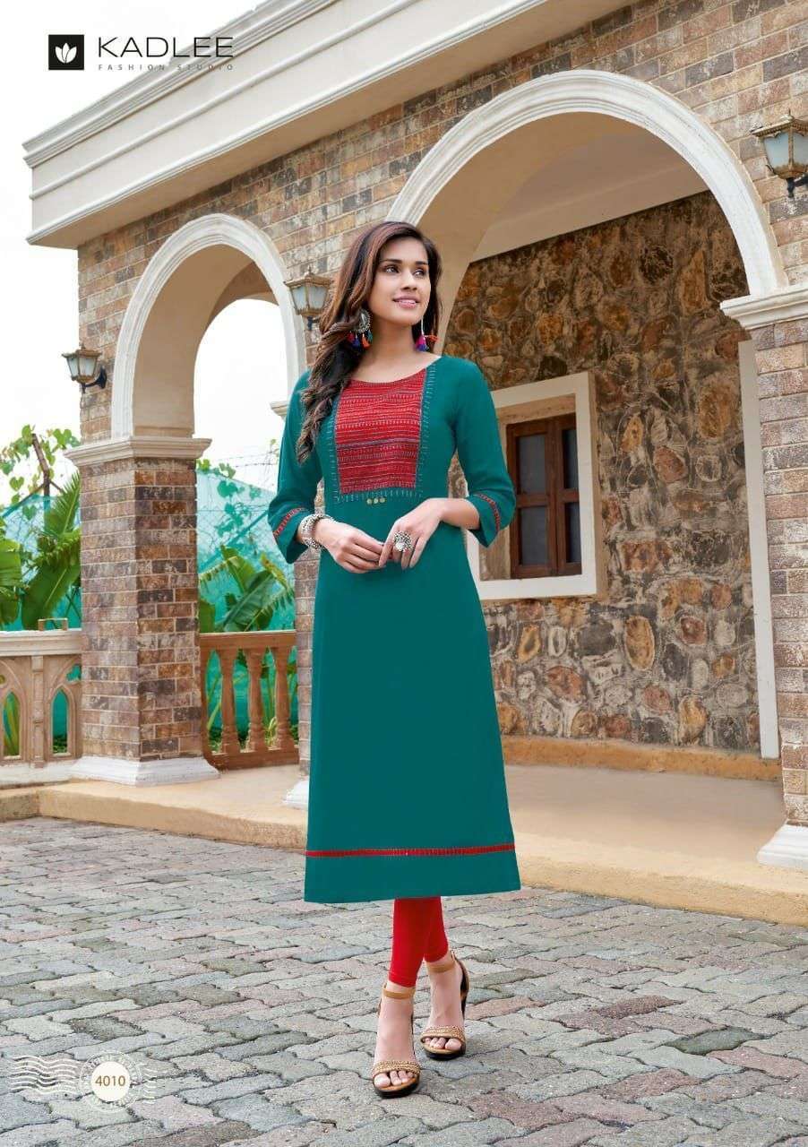 SACHI VOL 2 HEAVY RAYON EMBROIDERY AND HANDWORK KURTI BY KADLEE BRAND WHOLESALER AND DEALER