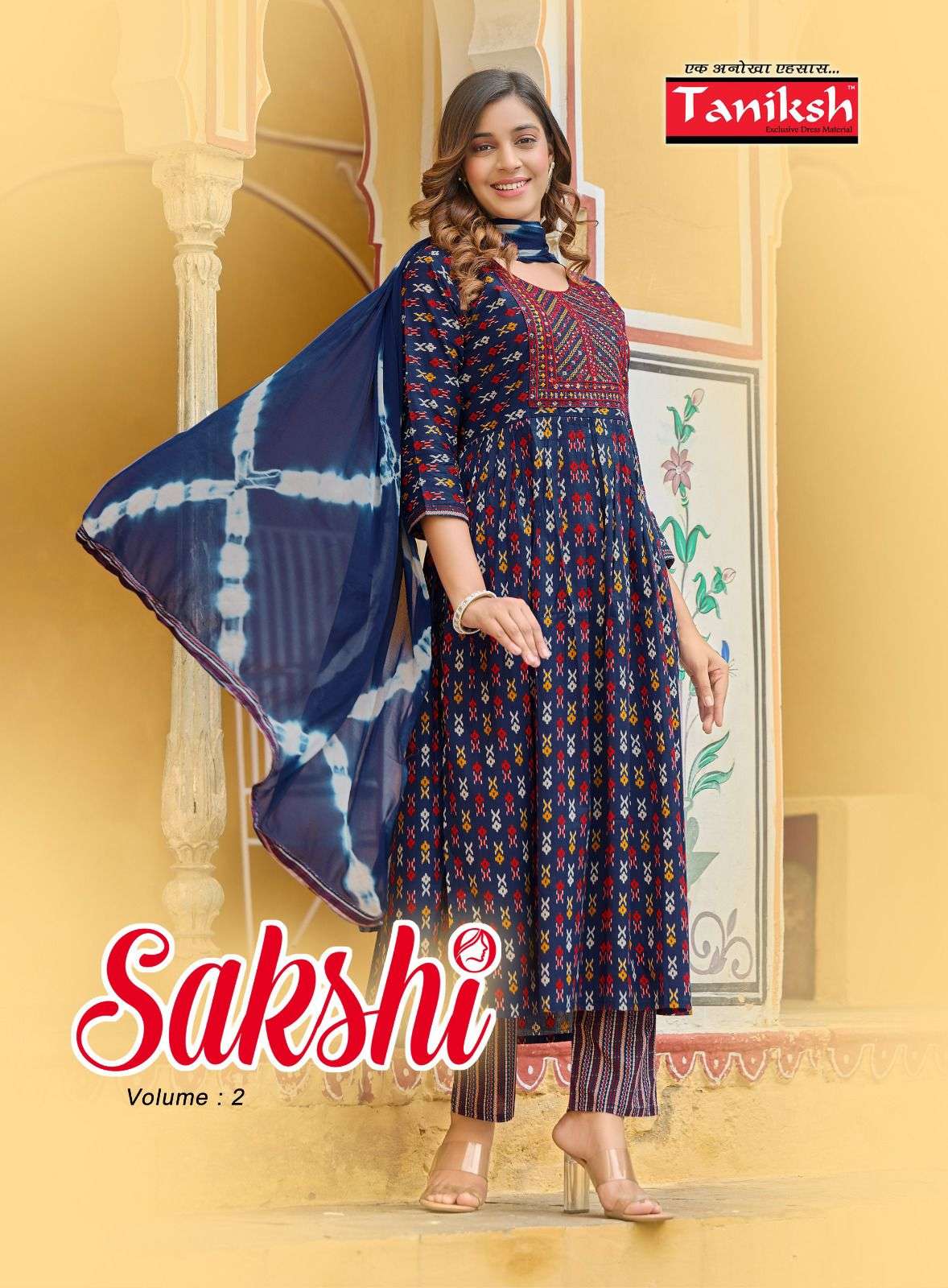 SAKSHI VOL 2 PURE COTTON EMBROIDERY SEQUENCE WORK NYRA CUT KURTI WITH PANT AND CHIFFON DUPATTA WITH ...