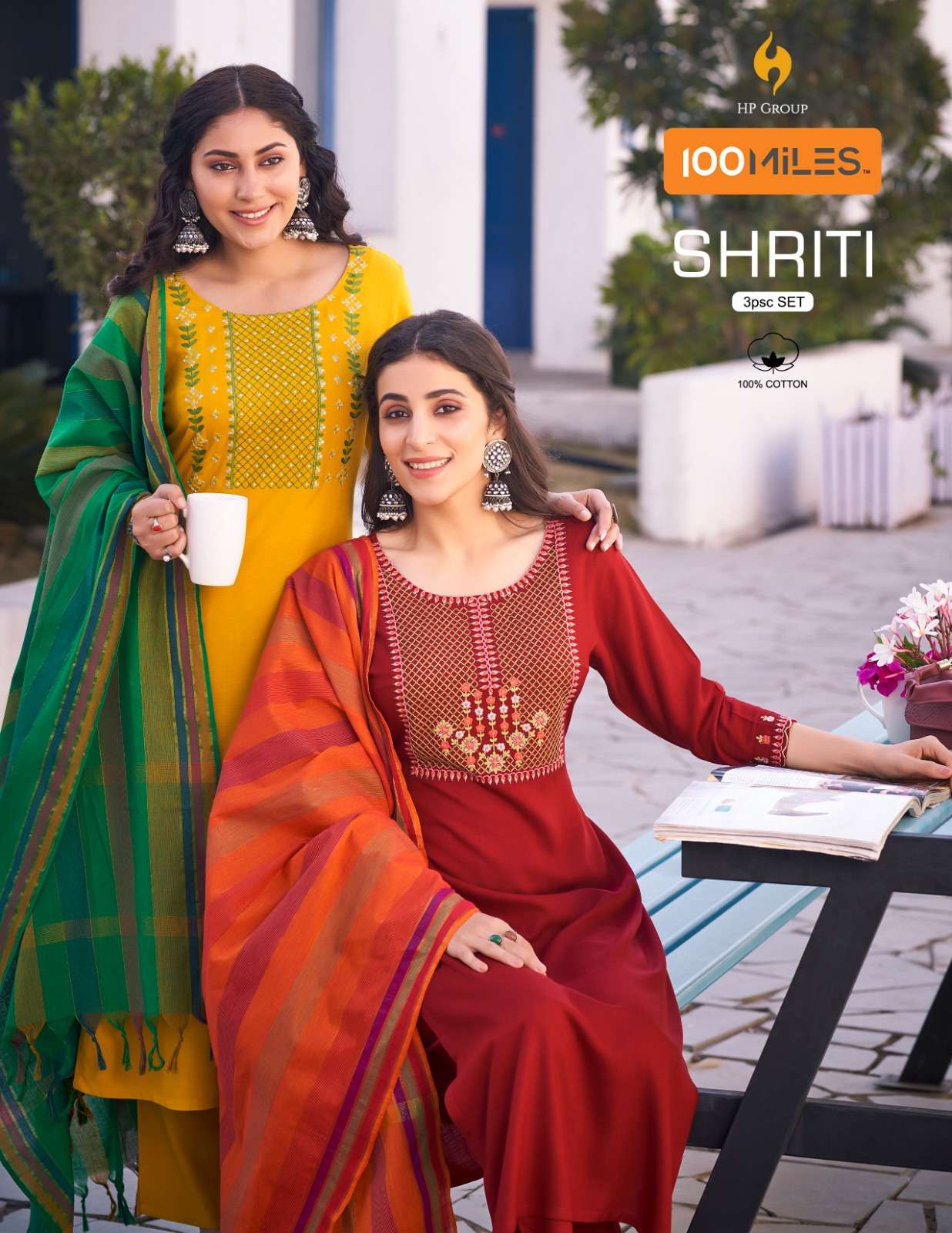 SHRITI PURE COTTON SLUB FANCY EMBROIDERY WORK KURTI WITH PANT AND DUPATTA BY 100MILES BRAND WHOLESAL...