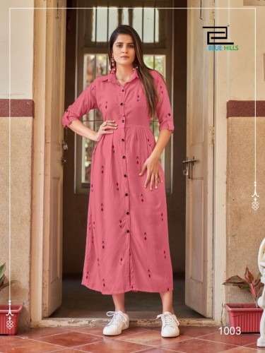 SUMMER SEASON VOL 1 RAYON SLUB PRINT GOWN STYLE KURTI BY BLUE HILLS BRAND WHOLESALER AND DEALER