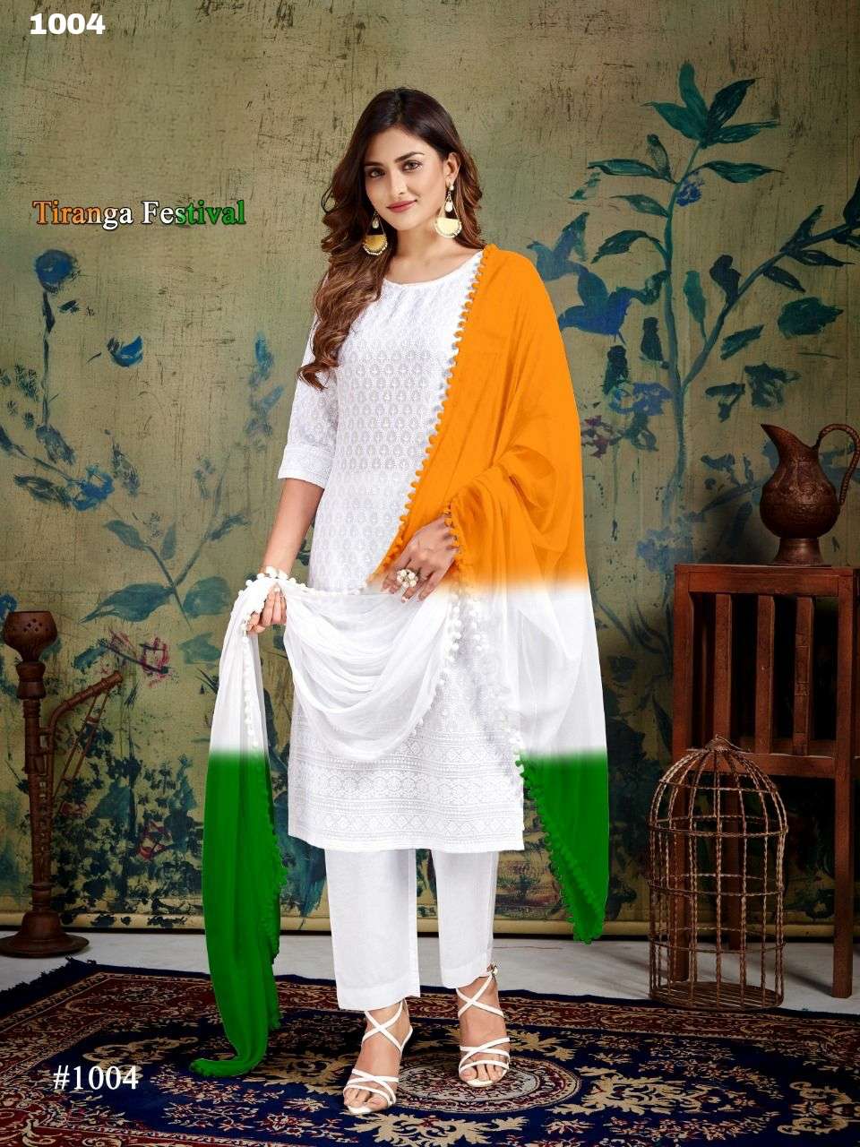 TIRANGA FESTIVAL PURE RAYON FULL CHIKAN WORK KURTI WITH COTTON SLUB PANT AND NAZNEEN DUPATTA WITH PU...