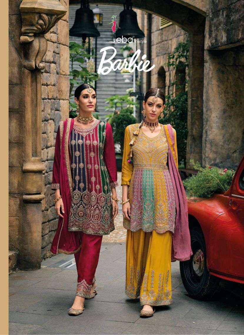 BARBIE CHINON WITH EMBOIDERY WORK DAIMAND WORK KURTI WITH SHARARA AND DUPATTA BY EBA LIFESTYLE BRAND...