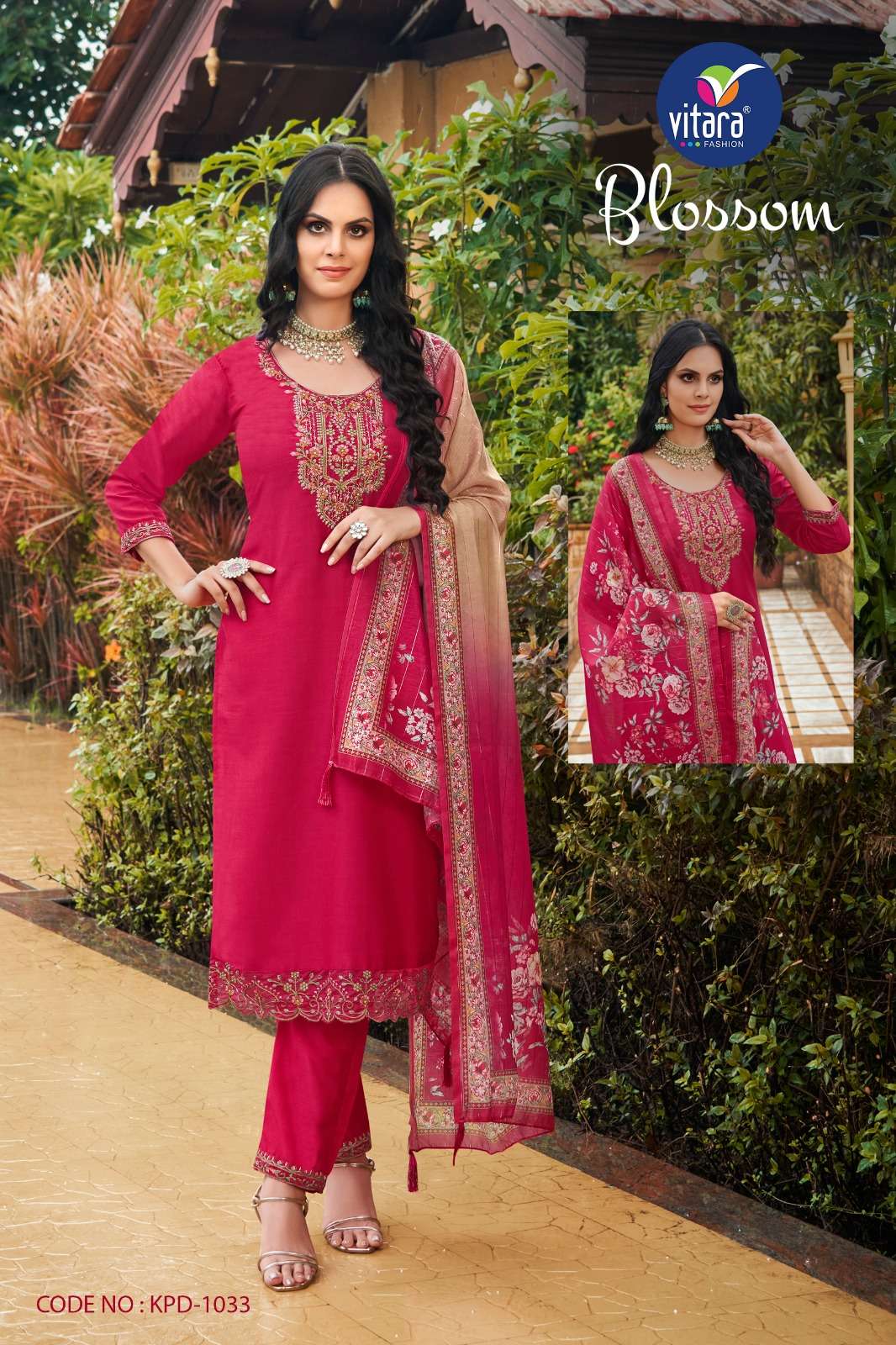 BLOSSOM HEAVY CHINON EMBROIDERY WORK KURTI WITH PANT AND DUPATTA BY VITARA FASHION BRAND WHOLESALER ...