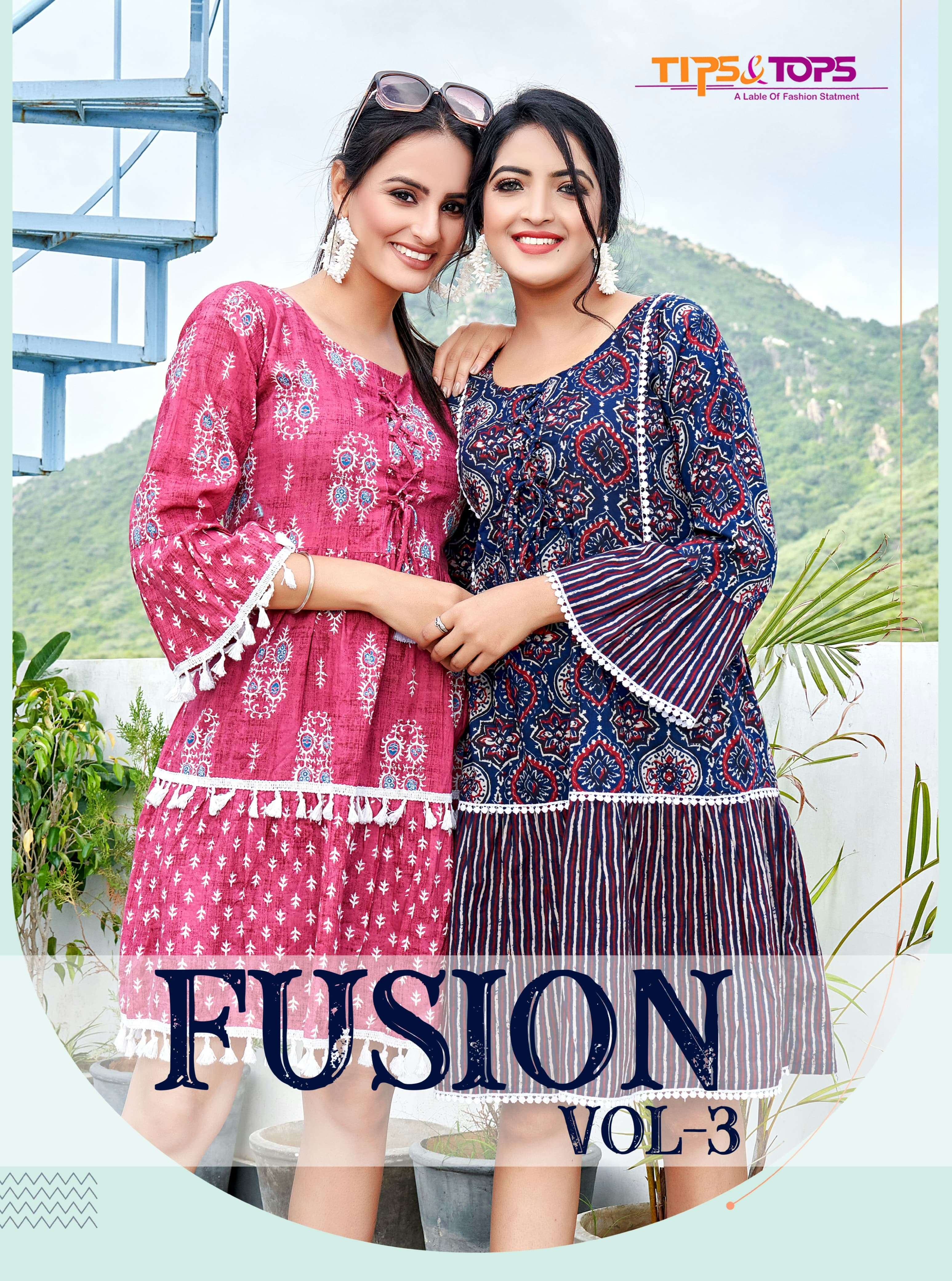 FUSION VOL 3 COTTON PRINTS 60 60 FABRIC TUNICS WITH FANCY SLEEVES AND LACE BY TIPS AND TOPS BRAND WH...