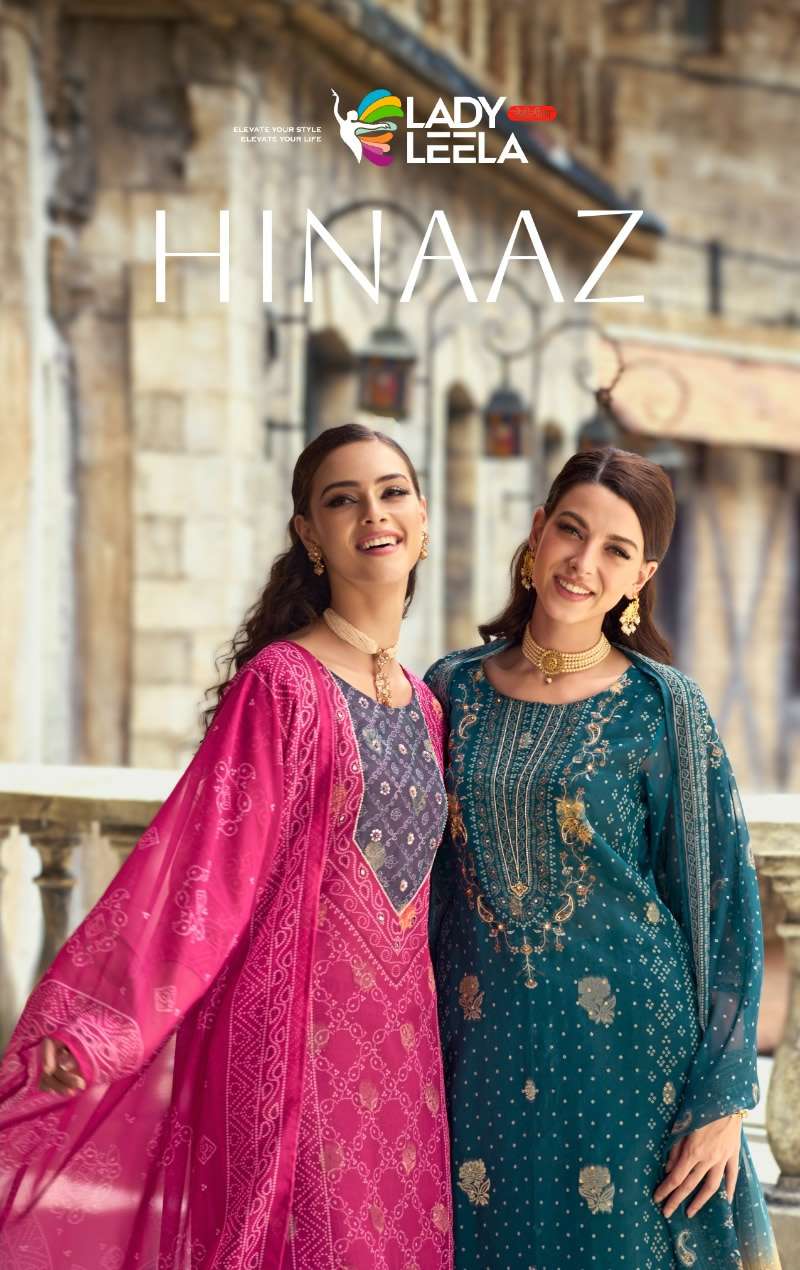 HINAAZ VISCOSE ORGANZA JACQUARD DIGITAL PRINT HANDWORK KURTI WITH PANT AND DUPATTA BY LADY LEELA BRA...