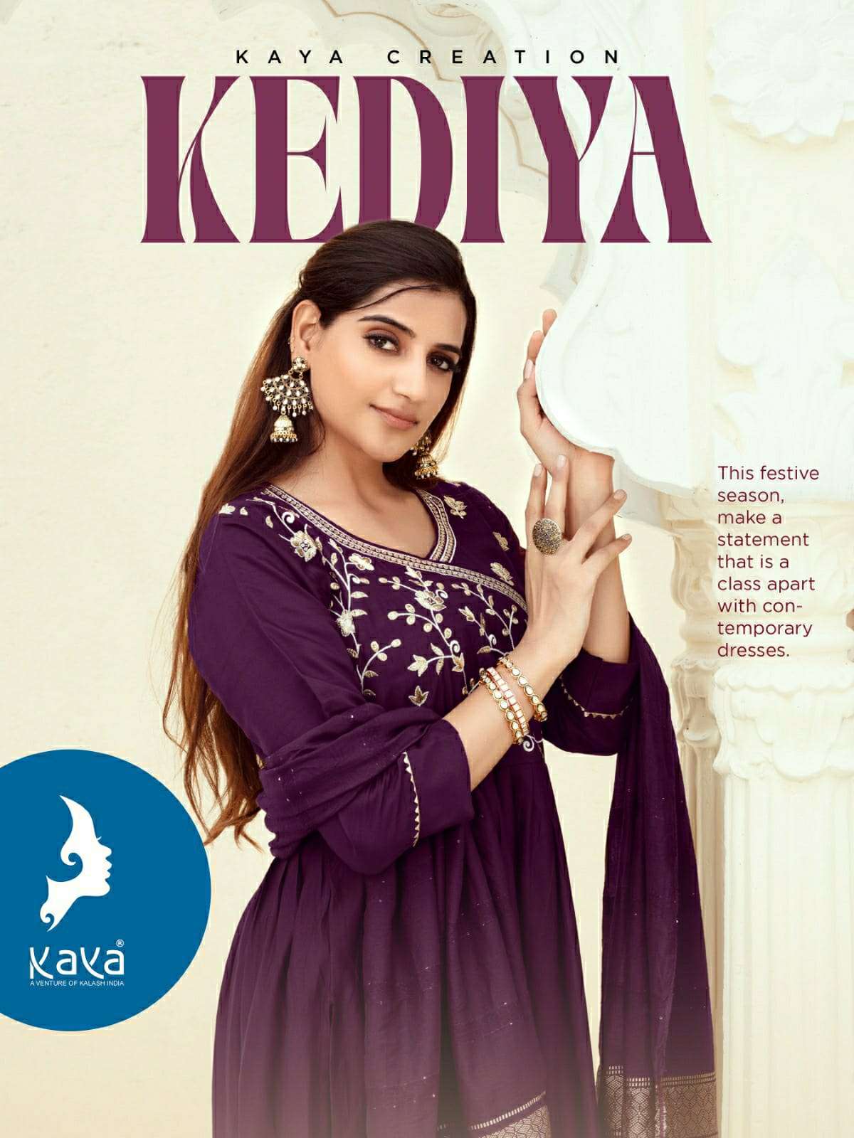 KEDIYA ROMAN SILK EMBROIDERY WORK KEDIYA STYLE KURTI WITH PANT AND CHANDERI SEQUANCE DUPATTA BY KAYA...