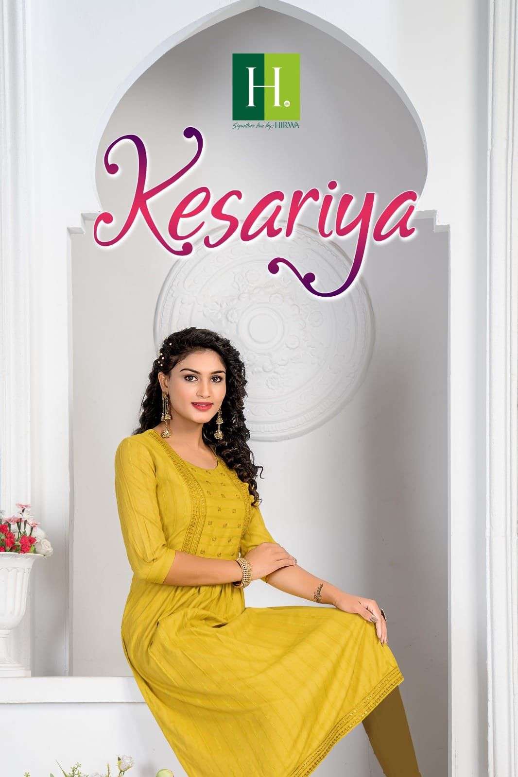 KESARIYA WOVEN FANCY VISCOSE RAYON EMBROIDERY WORK NAYRA CUT KURTI BY H DOT BRAND WHOLESALER AND DEA...