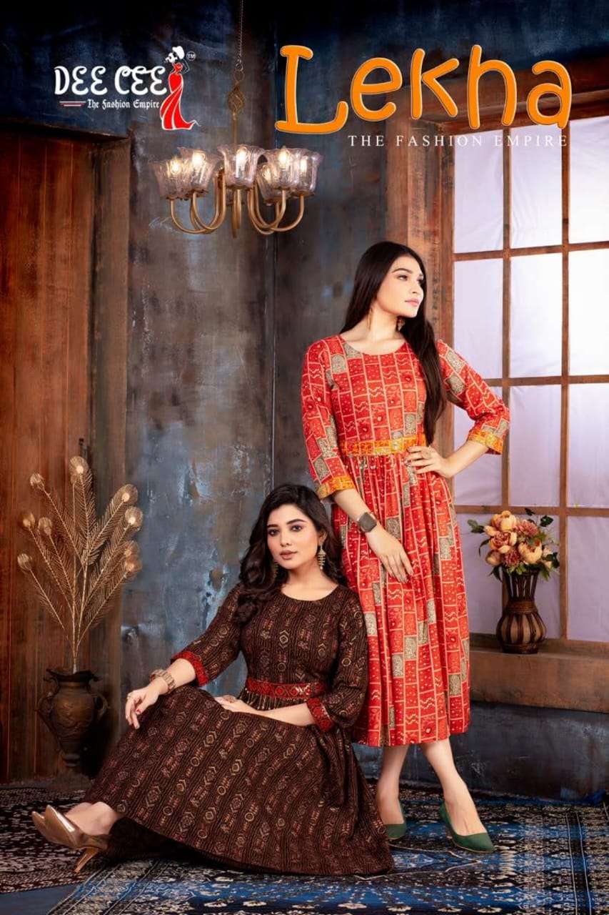 LEKHA HEAVY RAYON PRINT FULL FLAIRED KURTI WITH EMBROIDERY WORK BELT BY DEECEE BRAND WHOLESALER AND ...