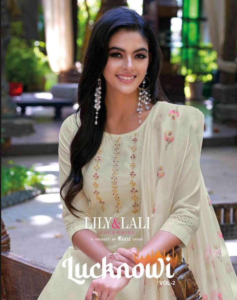 LUCKNOWI VOL 2 CHANDERI SILK SCHIFFLI AND HANDWORK KURTI WITH VISCOSE PANT AND ORGENZA DUPATTA BY LI...