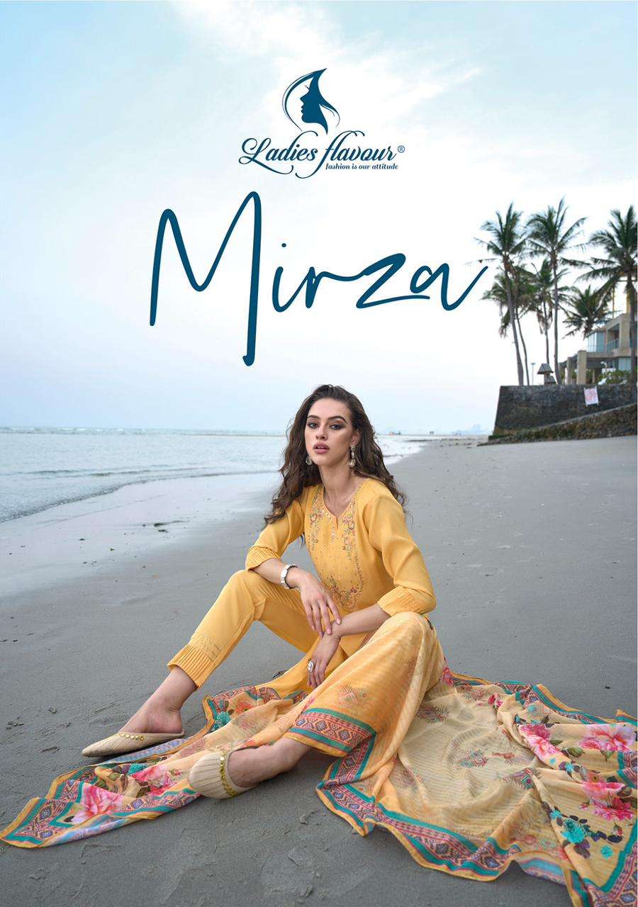 MIRZA CHANDERI MODAL EMBROIDERY AND KHATLI WORK KURTI WITH PANT AND MUSLINE DIGITAL DUPATTA BY LADIE...