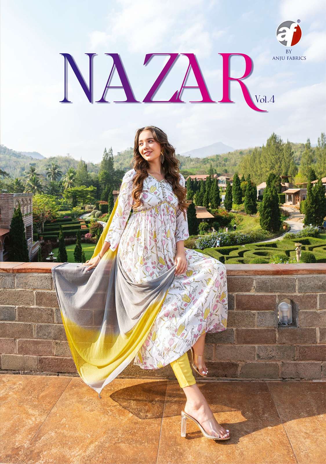 NAZAR VOL 4 PURE CHINON HANDWORK ALIYA CUT KURTI WITH JAAM SATIN PANT AND NAZMIN SHADED DUPATTA BY A...