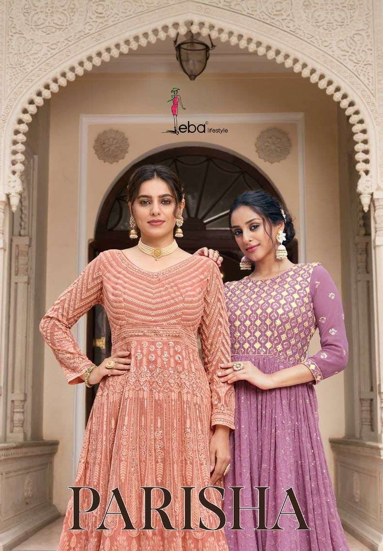 PARISHA GEORGETTE CHINON HEVEY EMBROIDERY WORK GOWN KURTI WITH DUAL SANTOON PANT AND NAZMINE DUPATTA...