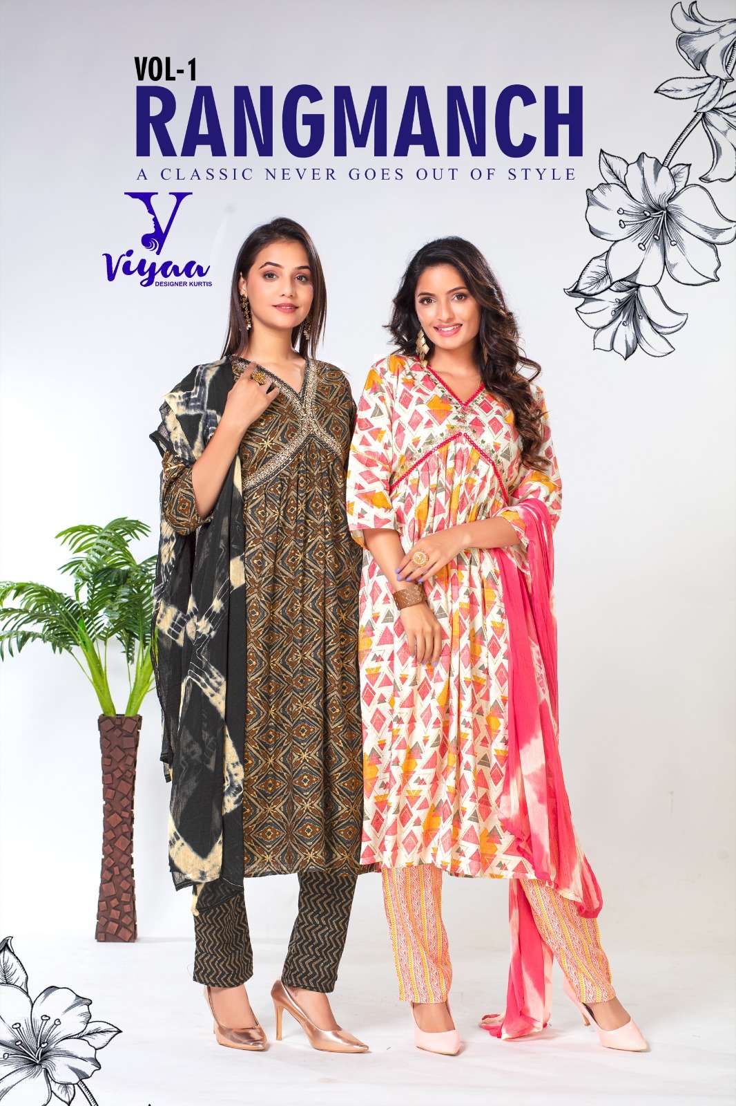 RANGMANCH PURE ORIGINAL RAYON CAPSULE FOIL PRINT ALIA CUT KURTI WITH PANT AND CHIFFON DUPATTA BY VIY...