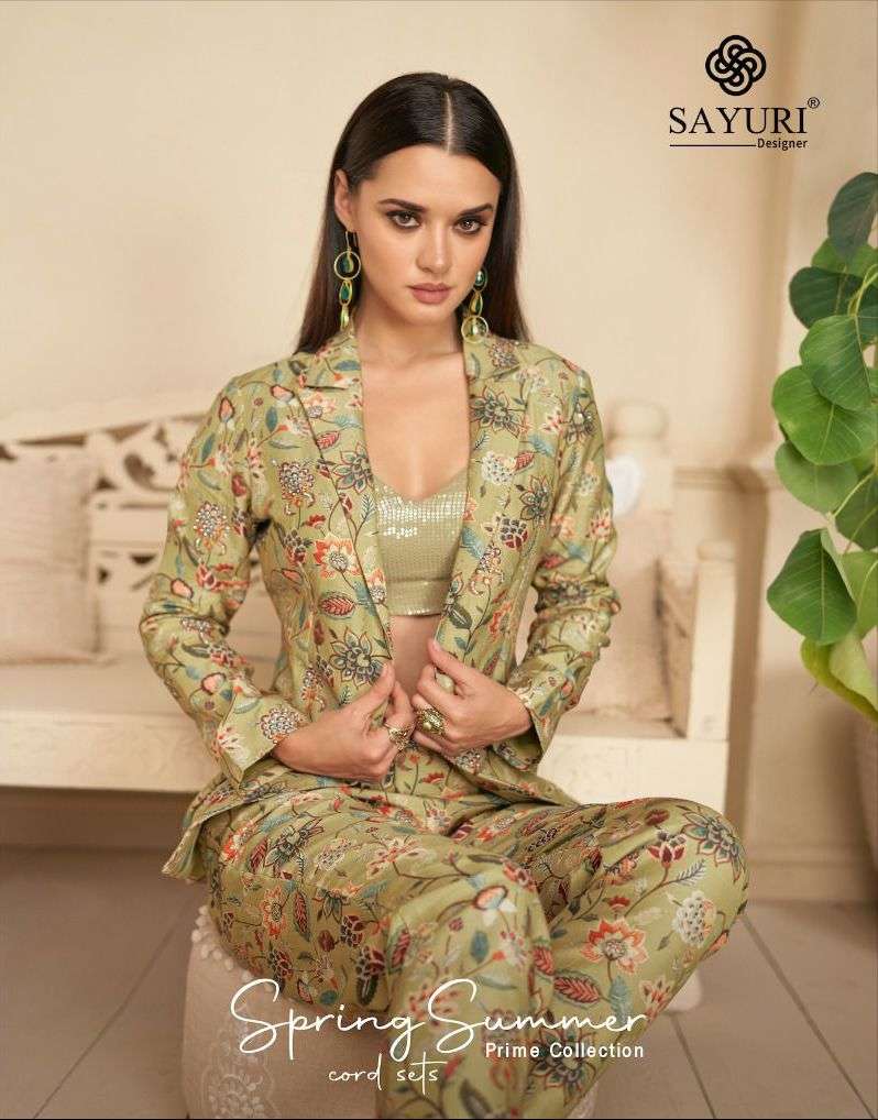 SPRING SUMMER CHINON POSITION PRINTED EMBROIDERY WORK DESIGNER CO ORD SET BY SAYURI BRAND WHOLESALER...