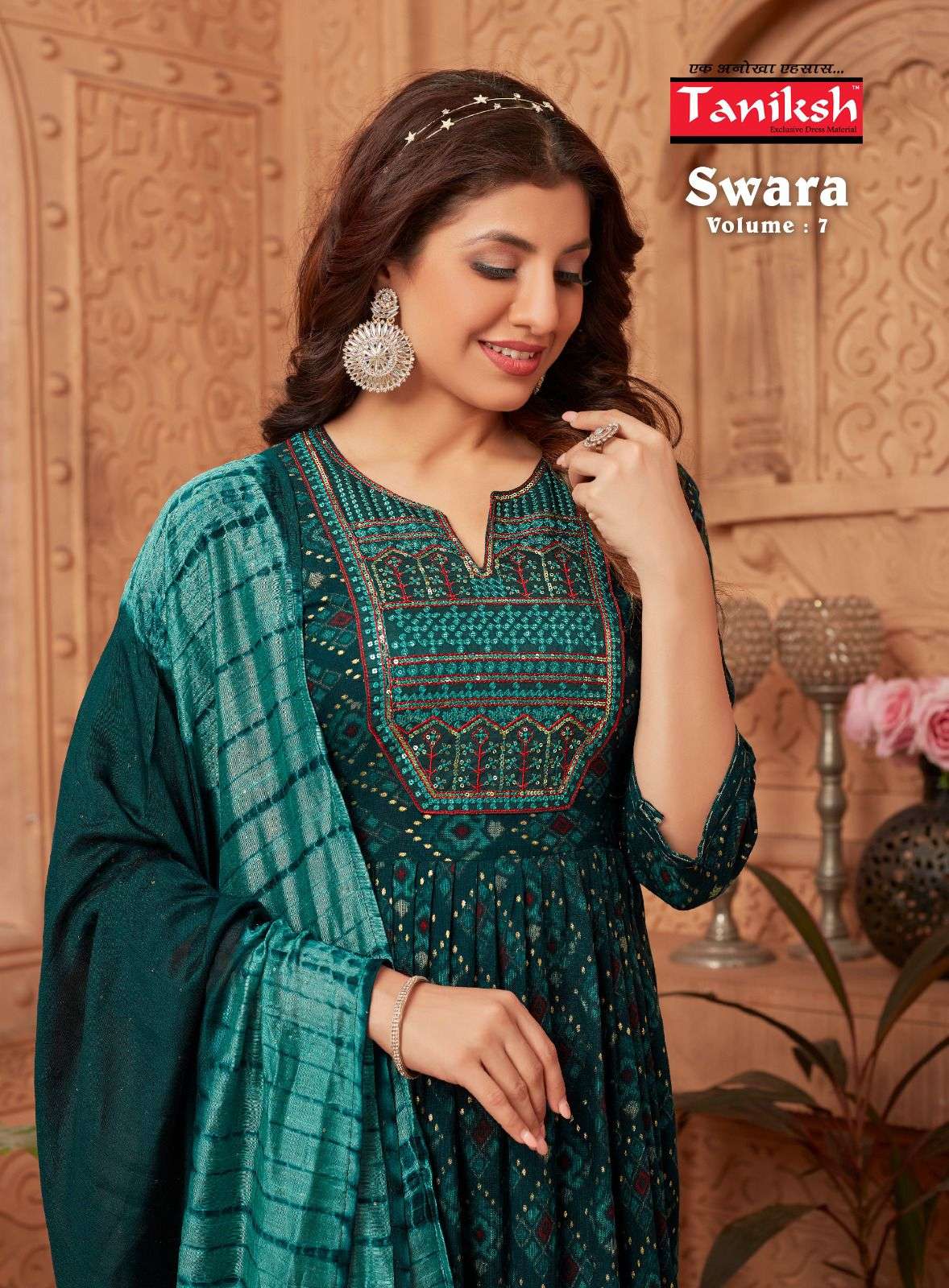 SWARA VOL 7 RAYON PRINT WITH SIKVANS EMBROIDERY WORK NAYRA CUT KURTI WITH PANT AND DUPATTA BY TANIKS...