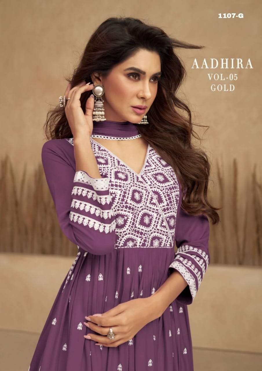 AADHRA VOL 5 GOLD PURE RAYON LAKHNAWI WORK NAYRA CUT KURTI WITH COTTON PLAZZO AND DUPATTA BY S3FOREV...