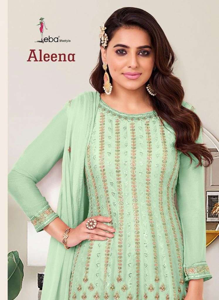 ALEENA HEVEY CHINON EMBROIDERY WORK KURTI WITH SHARARA AND DUPATTA BY EBA LIFESTYLE BRAND WHOLESALER...