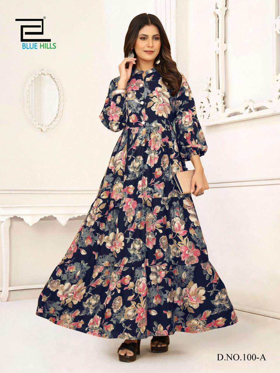 AMEESHA REYON FABRIC FLOWER PRINTED DESIGN LONG KURTI BY BLUE HILLS BRAND WHOLESALER AND DEALER